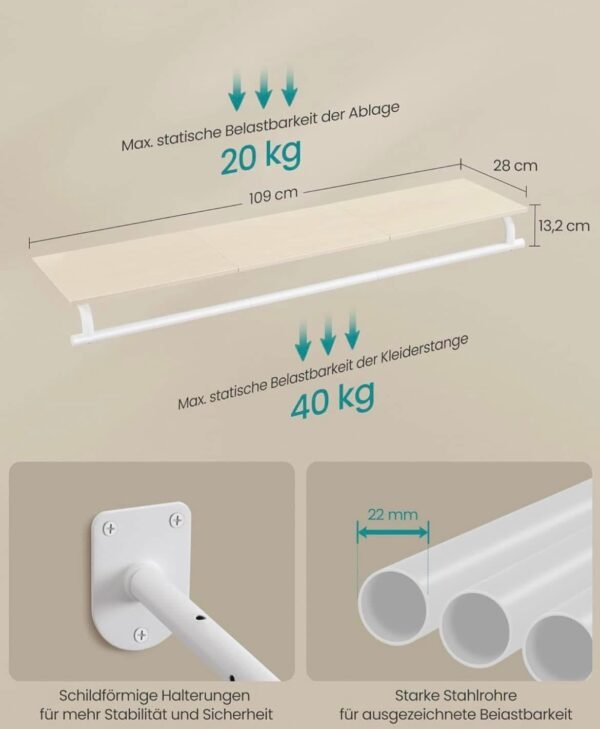 Sieninė drabužių kabykla su lentyna ir drabužių skersiniu, 109 cm – SONGMICS