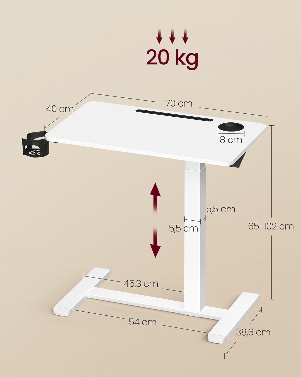Reguliuojamo aukščio staliukas šoninis ant ratukų lovai ir sofai, 70 × 40 cm, baltas – VASAGLE - Image 3