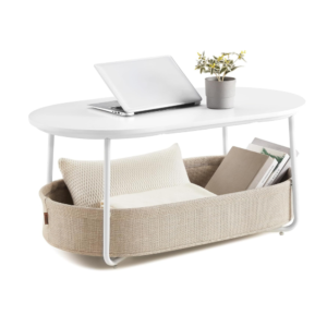 Untitled design Ovalus kavos staliukas su daiktų laikymo krepšiu, 100 cm, baltas – VASAGLE