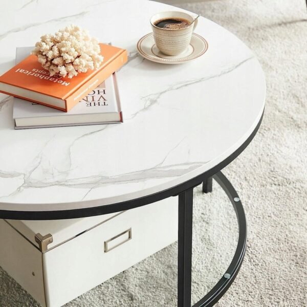 Apvalus kavos staliukas su grūdinto stiklo lentyna, 80 cm, marmuro imitacijos – VASAGLE