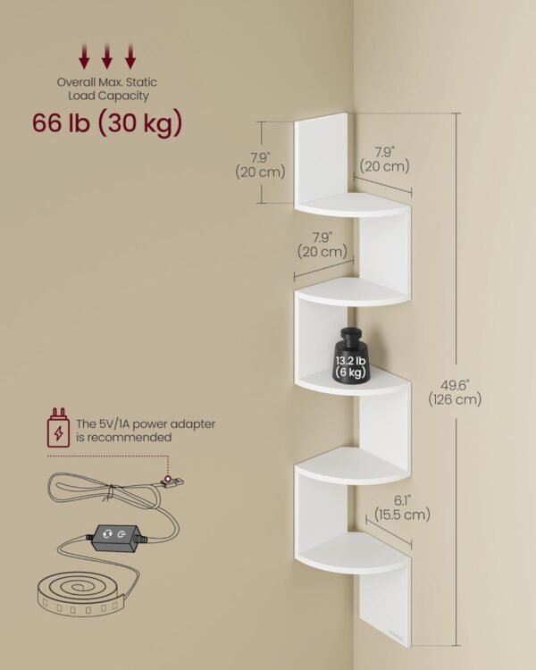 Kampinė sieninė lentyna su RGB LED apšvietimu, 5 lygių, 126 cm, balta – VASAGLE