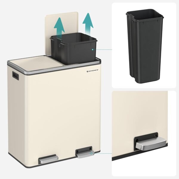 Dviguba šiukšliadėžė rūšiavimui 2 × 30 l su pedalais, kreminė – SONGMICS
