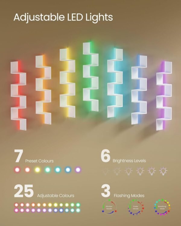 Kampinė sieninė lentyna su RGB LED apšvietimu, 5 lygių, 126 cm, balta – VASAGLE