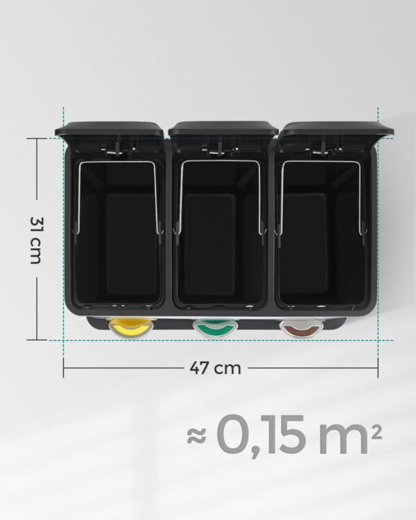 Metalinė rūšiavimo šiukšliadėžė su 3 skyriais ir pedalais, 24 l (3 × 8 l), sidabrinė – SONGMICS