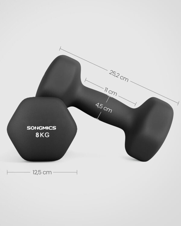Hantelių rinkinys 2 × 8 kg, šešiakampiai, neopreno danga, juodi – SONGMICS