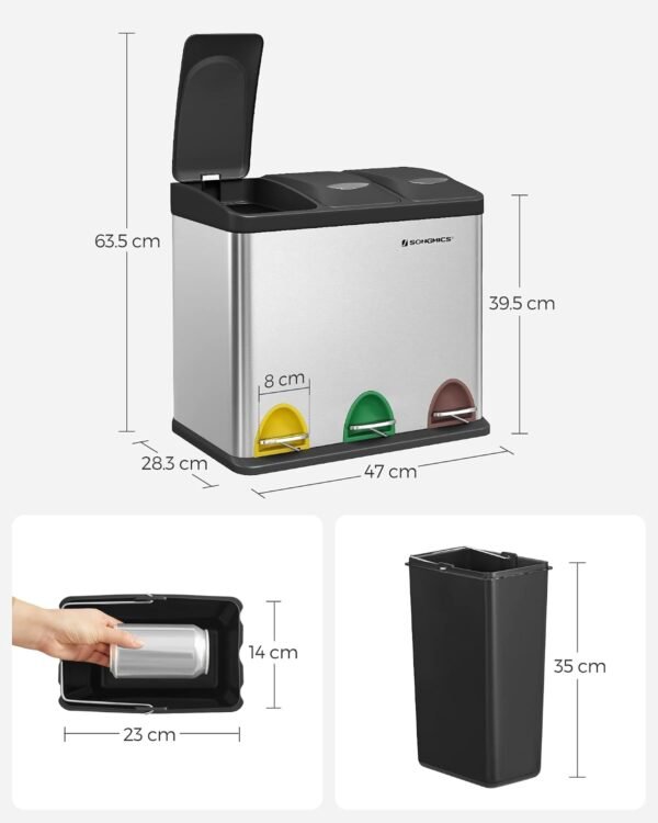 Metalinė rūšiavimo šiukšliadėžė su 3 skyriais ir pedalais, 24 l (3 × 8 l), sidabrinė – SONGMICS