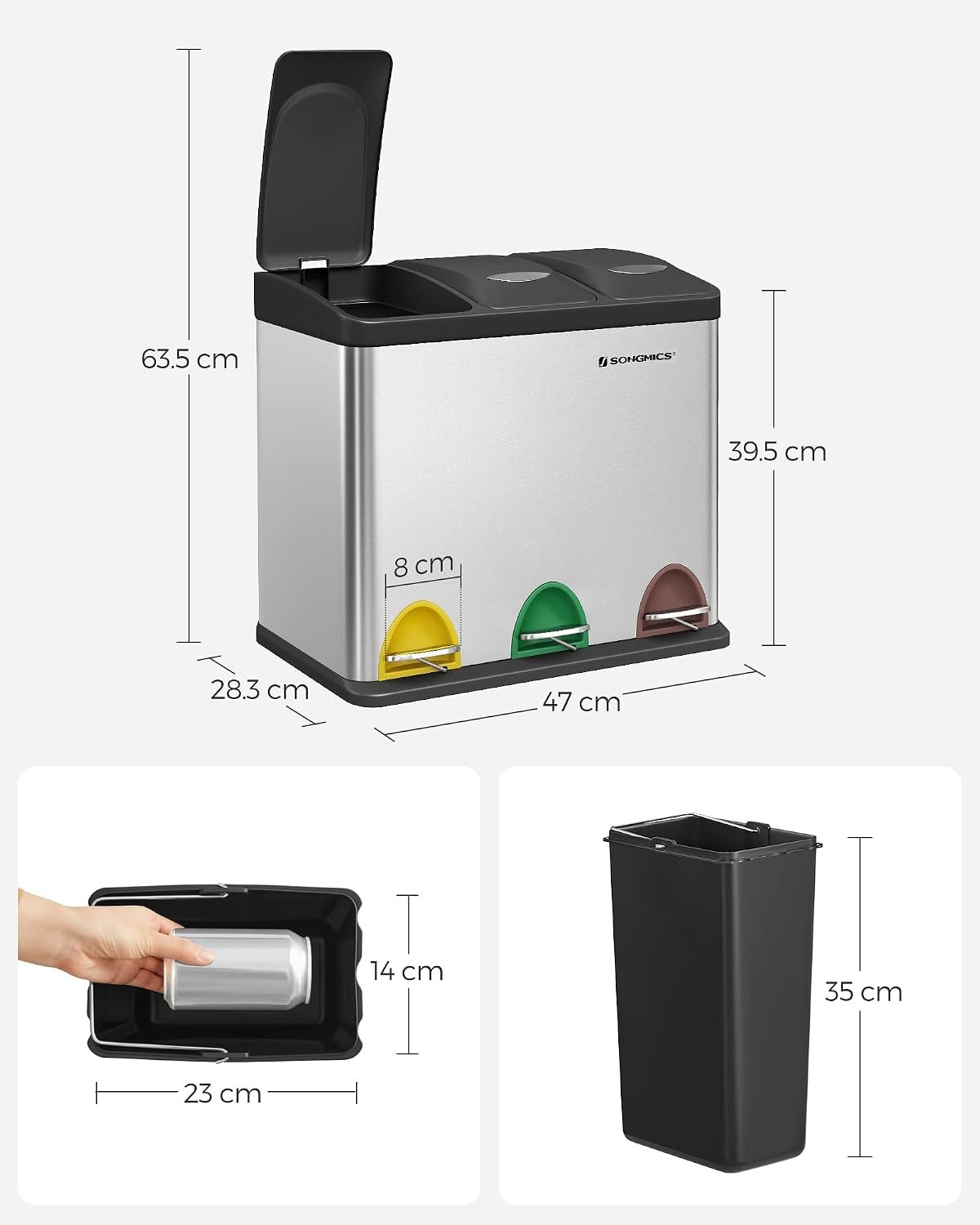 Metalinė rūšiavimo šiukšliadėžė su 3 skyriais ir pedalais, 24 l (3 × 8 l), sidabrinė – SONGMICS - Image 3