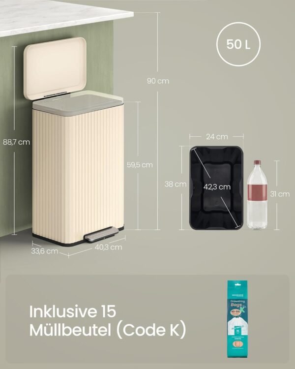 Metalinė šiukšliadėžė su pedalu ir Soft-Close dangčiu, 50 l, kreminė – SONGMICS