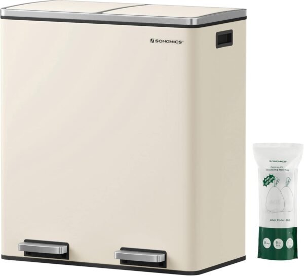 Dviguba šiukšliadėžė rūšiavimui 2 × 30 l su pedalais, kreminė – SONGMICS
