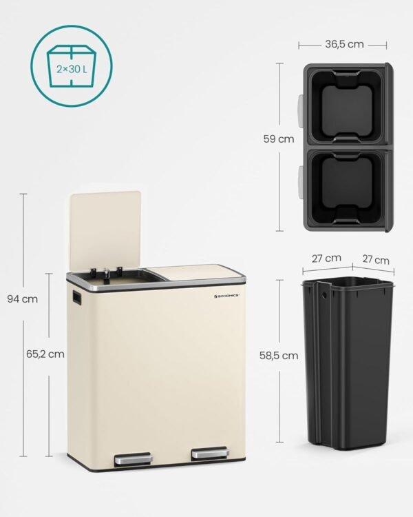 Dviguba šiukšliadėžė rūšiavimui 2 × 30 l su pedalais, kreminė – SONGMICS