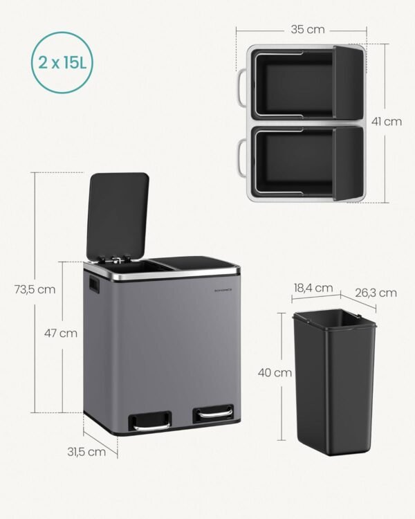 61cTv2AKGlL._AC_SL1500_ Dviguba rūšiavimo šiukšliadėžė 2 × 15 l su pedalais, 30 l, pilka – SONGMICS