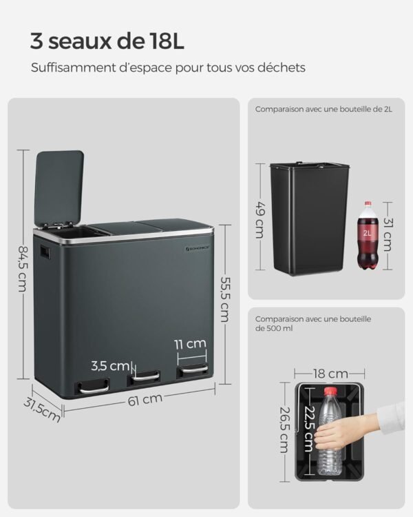 Rūšiavimo šiukšliadėžė 3 × 18 l su pedalais, 54 l– SONGMICS