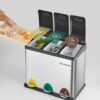 Metalinė rūšiavimo šiukšliadėžė su 3 skyriais ir pedalais, 24 l (3 × 8 l), sidabrinė – SONGMICS