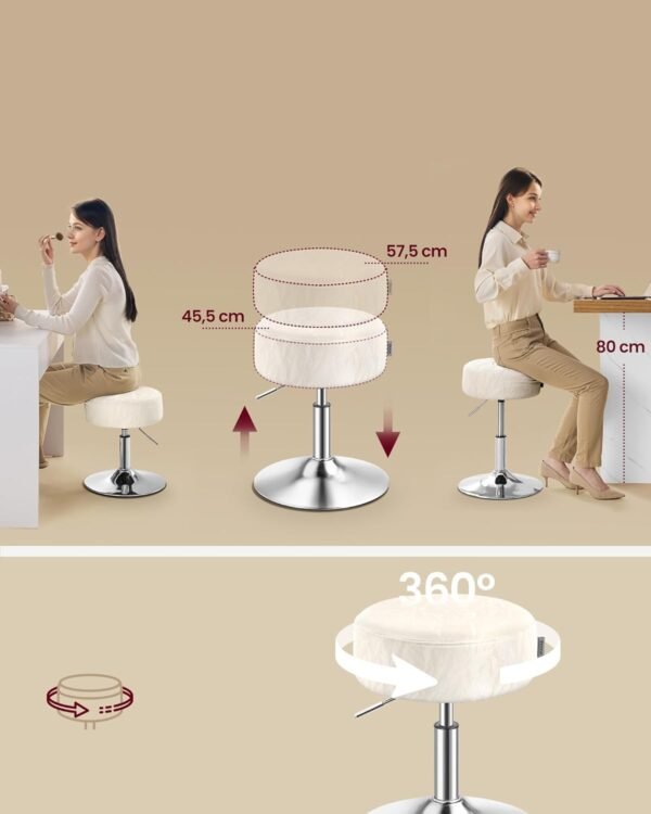 Reguliuojamo aukščio pasukama kosmetinė taburetė 44–60 cm, balta – VASAGLE