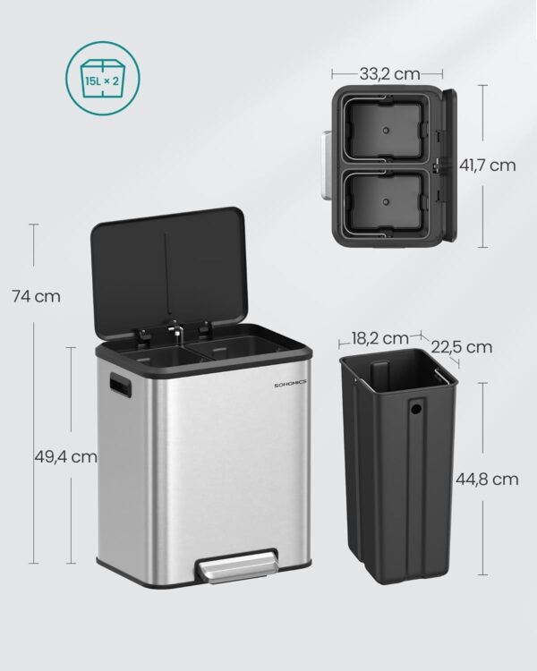 61pGf5XTJ2L._SL1500_ Dviguba rūšiavimo šiukšliadėžė 2 × 15 l, 30 l, sidabrinė – SONGMICS