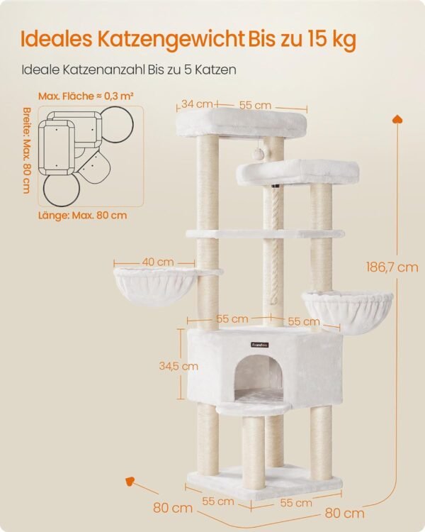 XXL kačių draskyklė su guoliais ir nameliu, 187 cm, kreminė – FEANDREA