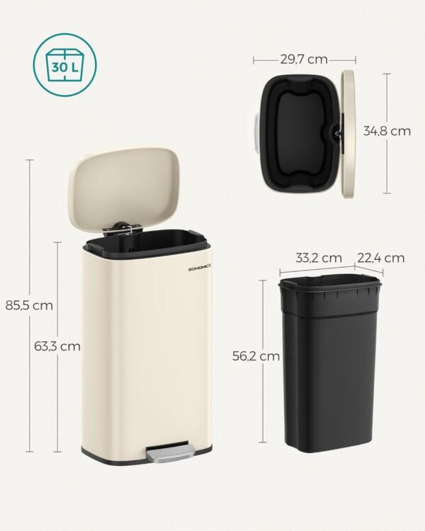 Metalinė šiukšliadėžė su pedalu ir Soft-Close dangčiu, 30 l, smėlio spalvos – SONGMICS