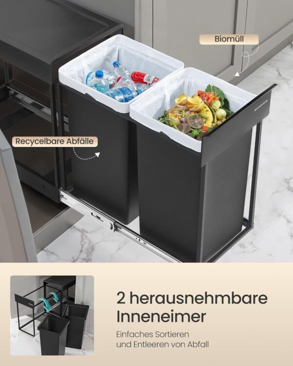 Ištraukiama rūšiavimo šiukšliadėžė spintelei 2 × 20 l, juoda – SONGMICS