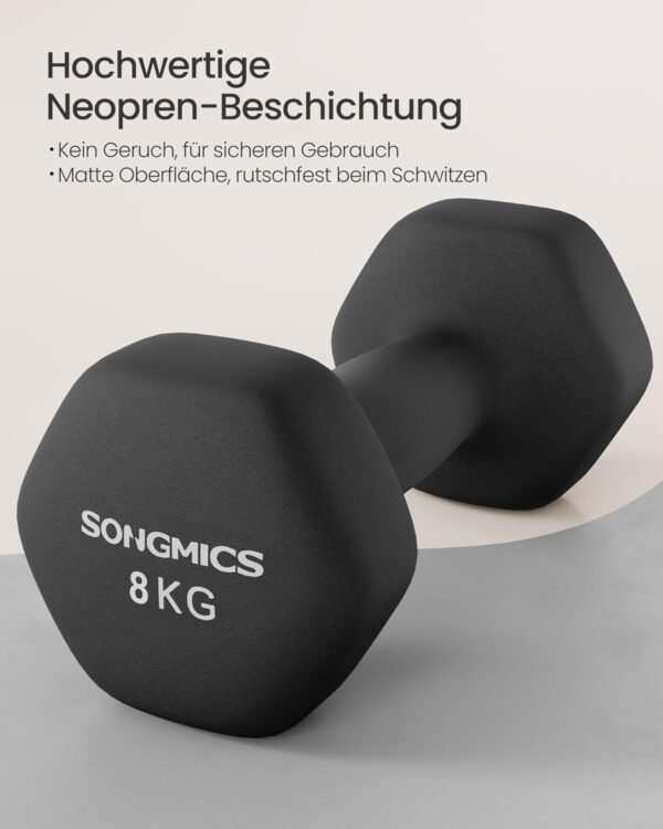 Hantelių rinkinys 2 × 8 kg, šešiakampiai, neopreno danga, juodi – SONGMICS