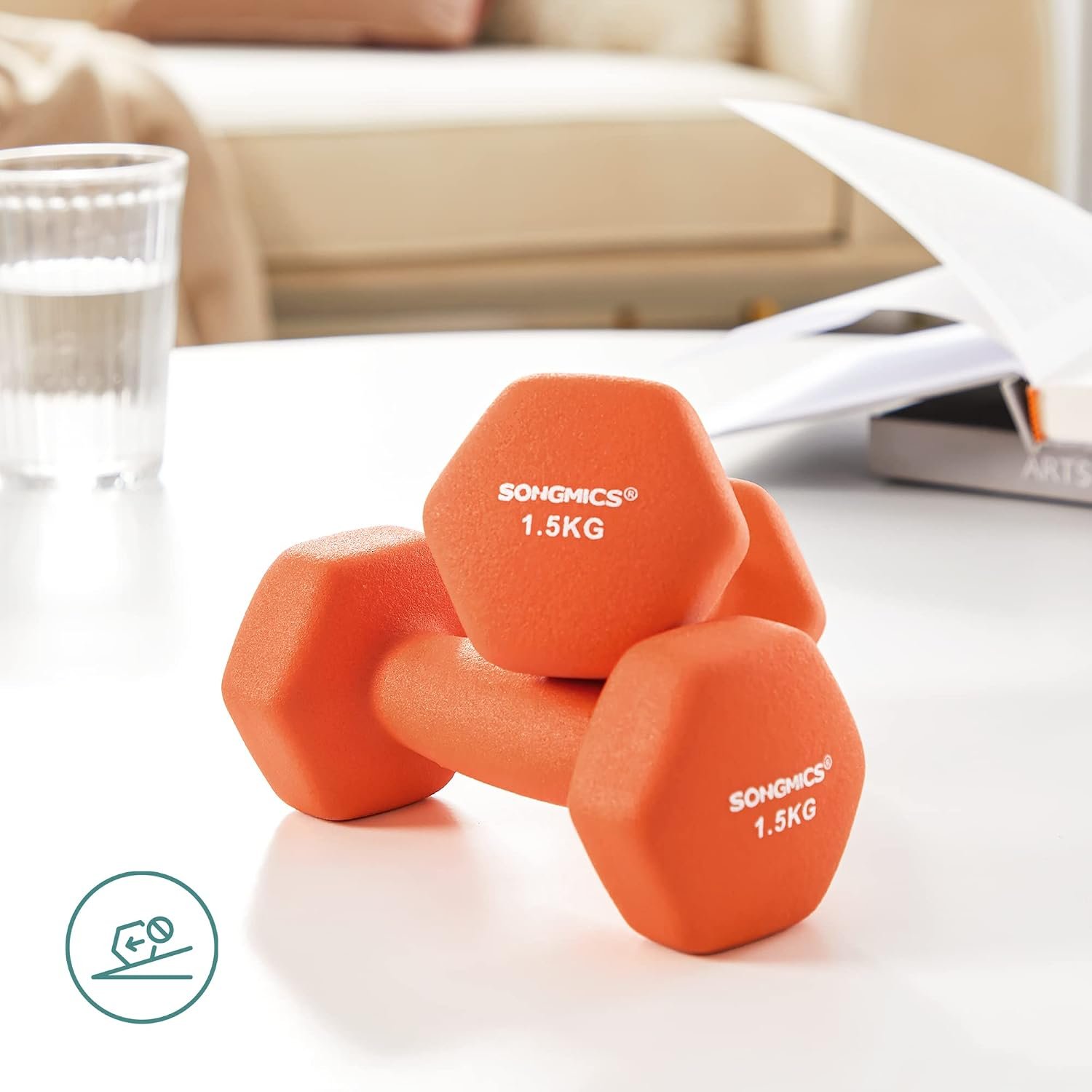 Hantelių rinkinys 2 × 1,5 kg, šešiakampiai su neopreno danga – SONGMICS - Image 6