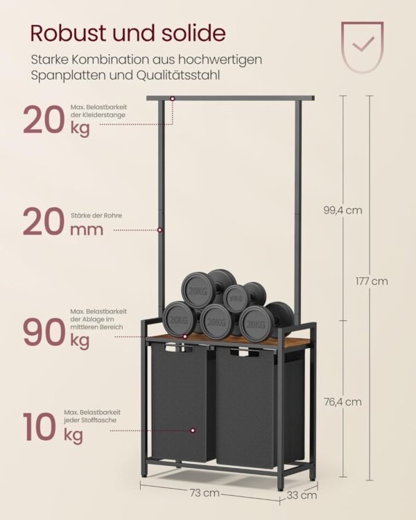 Skalbinių rūšiavimo krepšys 2 × 46 l su lentyna ir drabužių kabykla, 177 cm – VASAGLE