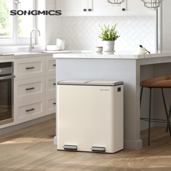 Dviguba šiukšliadėžė rūšiavimui 2 × 30 l su pedalais, kreminė – SONGMICS