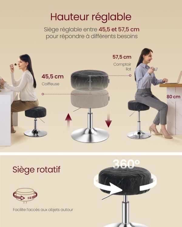 Reguliuojamo aukščio pasukama kosmetinė taburetė 44–60 cm, juoda – VASAGLE