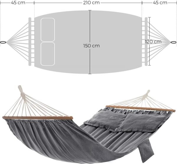 Dvivietis hamakas su mediniais skersiniais ir 2 pagalvėmis, 210 × 150 cm, pilkas – SONGMICS