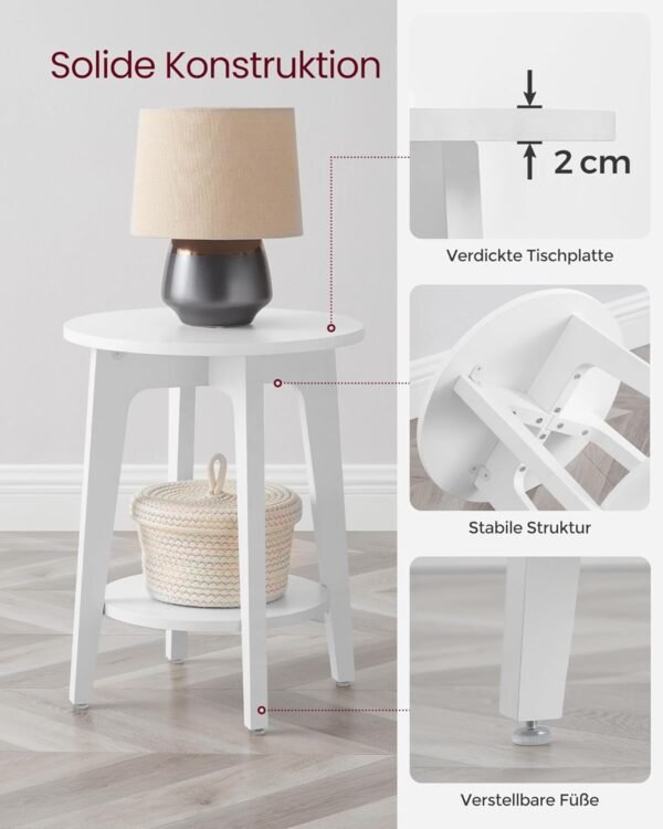 Apvalus šoninis staliukas su lentyna Ø40 × 50 cm, baltas – VASAGLE