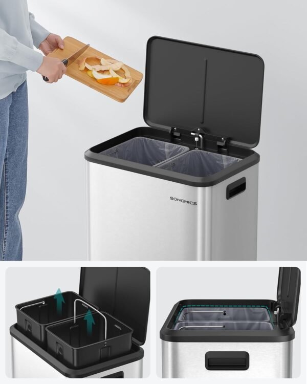 71Xwid7FZ0L._SL1500_ Dviguba rūšiavimo šiukšliadėžė 2 × 15 l, 30 l, sidabrinė – SONGMICS