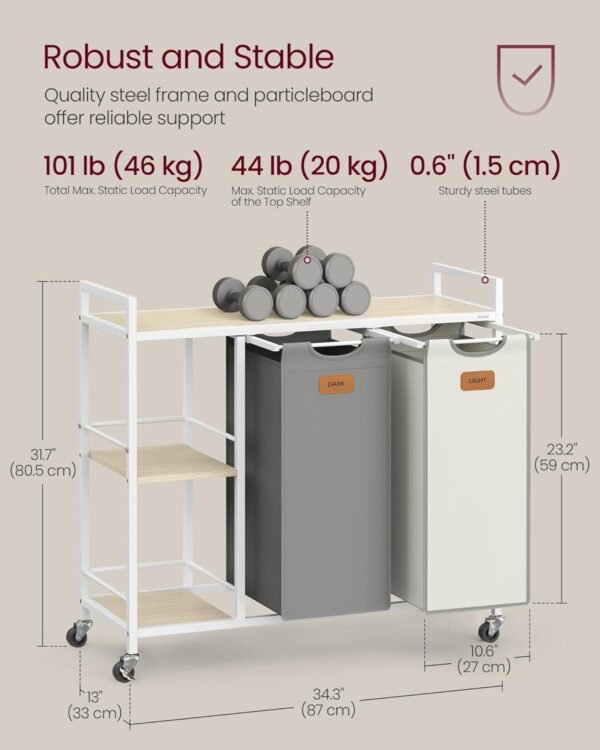 Skalbinių rūšiavimo vežimėlis, skalbinių krepšys su 2 × 50 l krepšiais, lentynomis ir ratukais, 100 l – VASAGLE