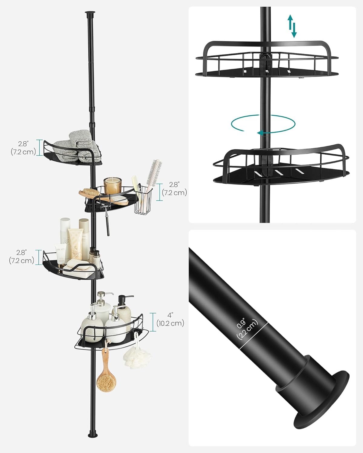 Teleskopinė kampinė dušo lentyna su 4 lentynėlėmis, 80–323 cm, juoda – SONGMICS - Image 4