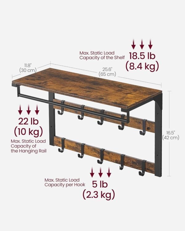 Sieninė drabužių kabykla su lentyna, skersiniu ir 10 kabliukų, 65 cm – VASAGLE