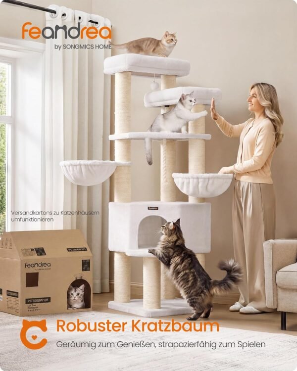 XXL kačių draskyklė su guoliais ir nameliu, 187 cm, kreminė – FEANDREA