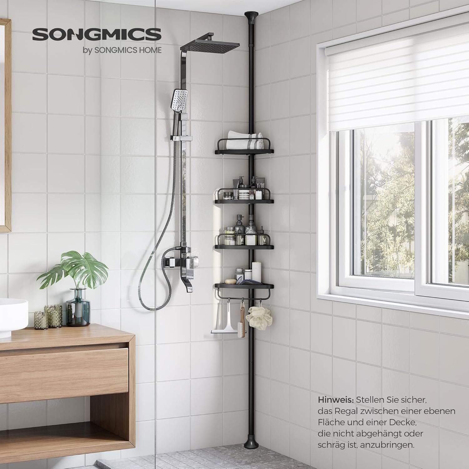 Teleskopinė kampinė dušo lentyna su 4 lentynėlėmis, 85–305 cm, juoda – SONGMICS - Image 6