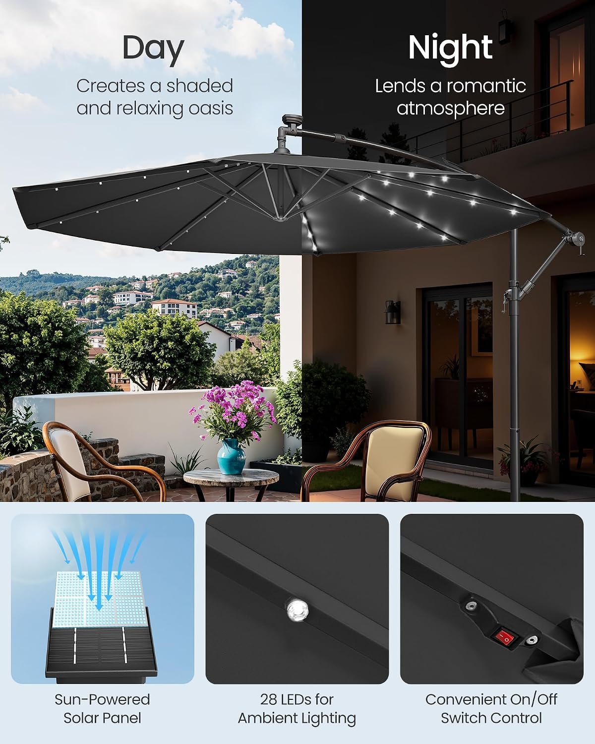 Šoninis sodo skėtis su apšvietimu LED saulės Ø300 cm, pilkas – SONGMICS - Image 3