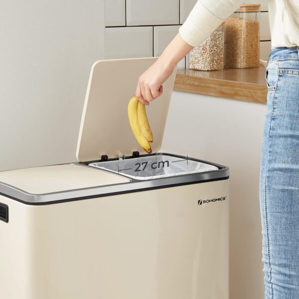 Dviguba šiukšliadėžė rūšiavimui 2 × 30 l su pedalais, kreminė – SONGMICS