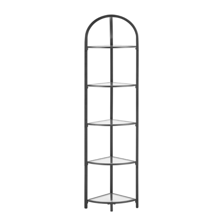 Kampinė lentyna su 5 grūdinto stiklo lentynomis, 158 cm, juoda – VASAGLE