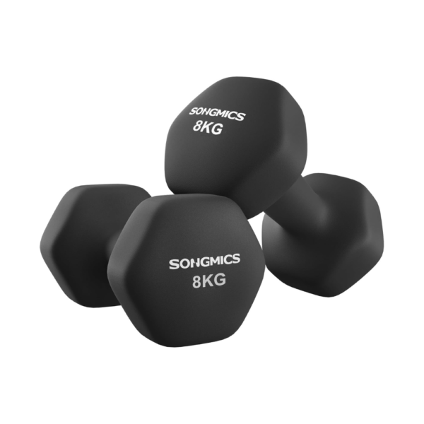 Hantelių rinkinys 2 × 8 kg, šešiakampiai, neopreno danga, juodi – SONGMICS