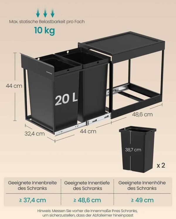 Ištraukiama rūšiavimo šiukšliadėžė spintelei 2 × 20 l, juoda – SONGMICS