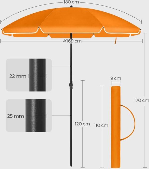 songmics-sketis-160-cm-174fcbc89d Paplūdimio, sodo skėtis Ø 160 cm su reguliuojamu pasvirimu oranžinis – SONGMICS