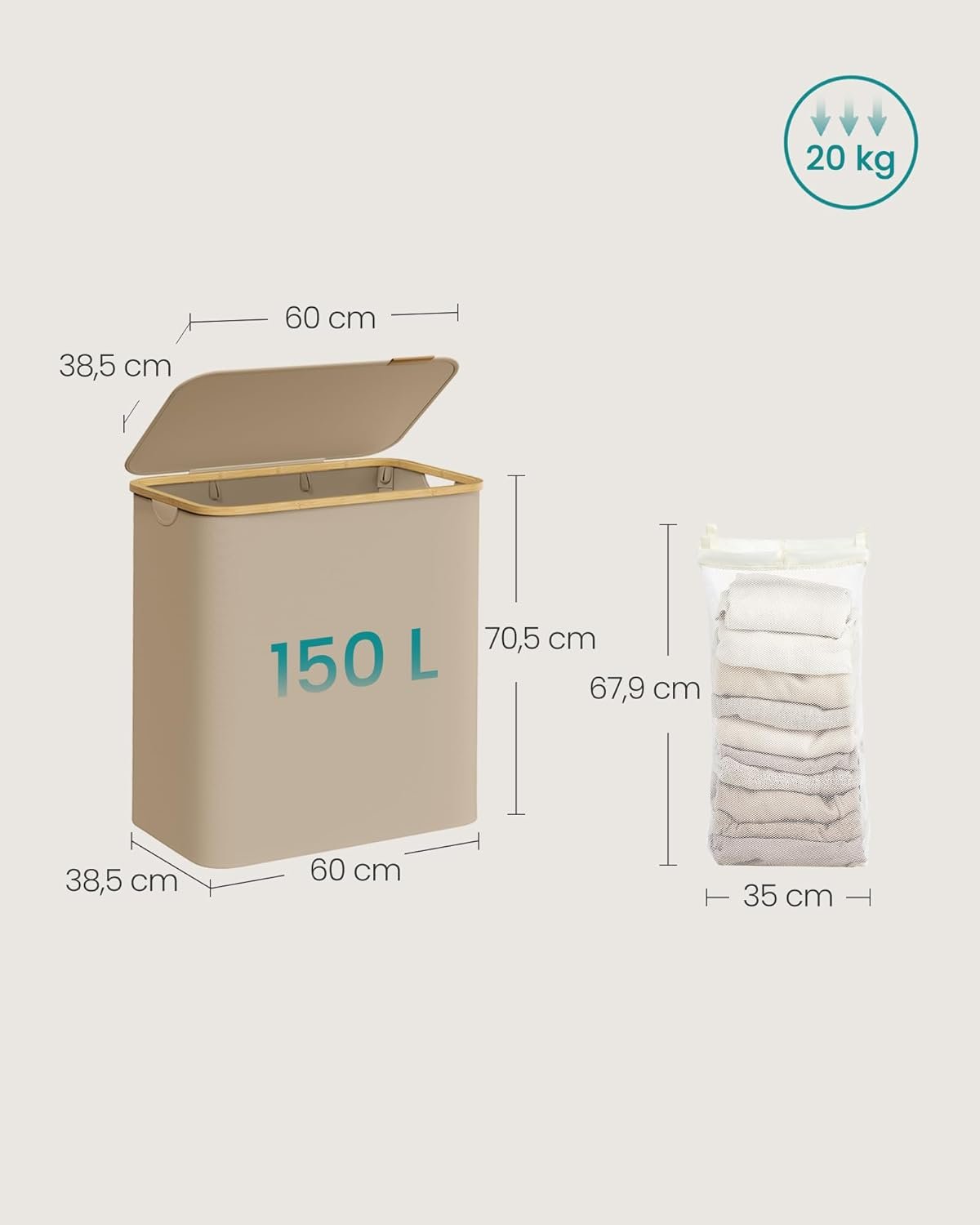 Skalbinių rūšiavimo krepšys su dangčiu, 150 l, rusvas – SONGMICS - Image 3