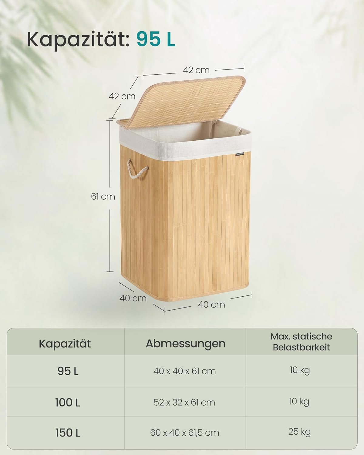 Bambukinis skalbinių krepšys su dangčiu, 95 l, natūralios spalvos – SONGMICS - Image 3