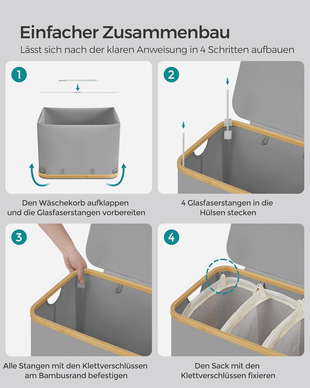 Skalbinių rūšiavimo krepšys su dangčiu, 150 l, pilkas – SONGMICS - Image 3