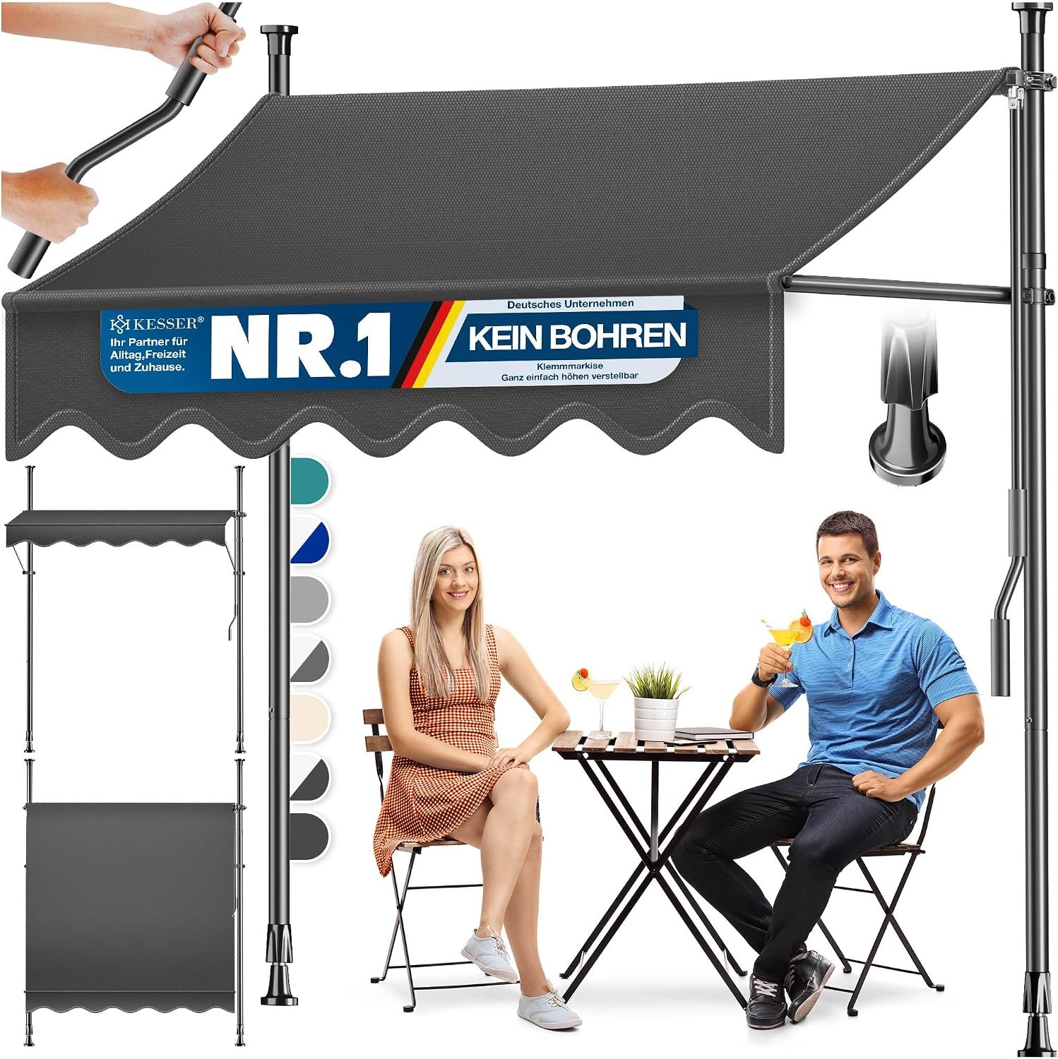 Prispaudžiama balkono markizė be gręžimo, 250 cm, antracito – KESSER - Image 8