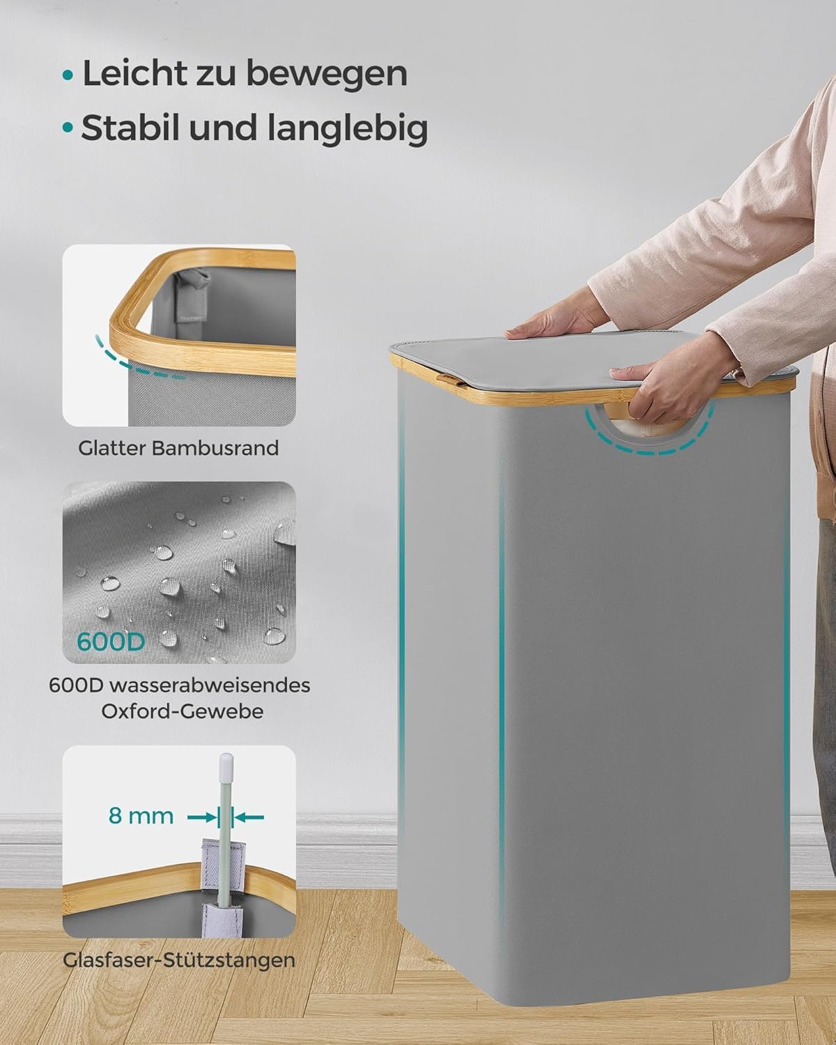 Skalbinių rūšiavimo krepšys su dangčiu, 150 l, pilkas – SONGMICS - Image 7