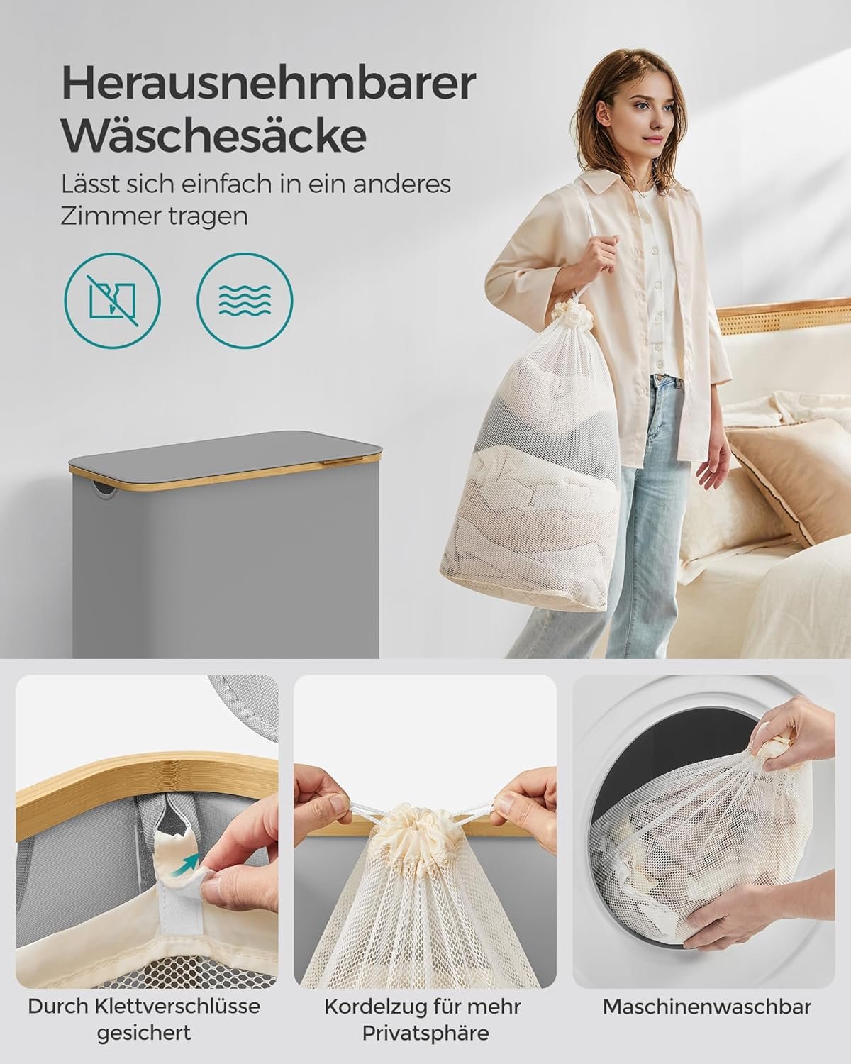 Skalbinių rūšiavimo krepšys su dangčiu, 150 l, pilkas – SONGMICS - Image 4