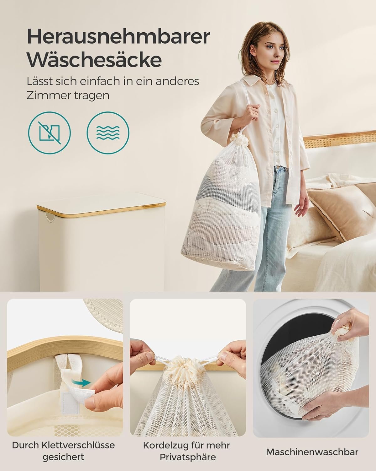 Skalbinių rūšiavimo krepšys su dangčiu, 130 l, baltas – SONGMICS - Image 4