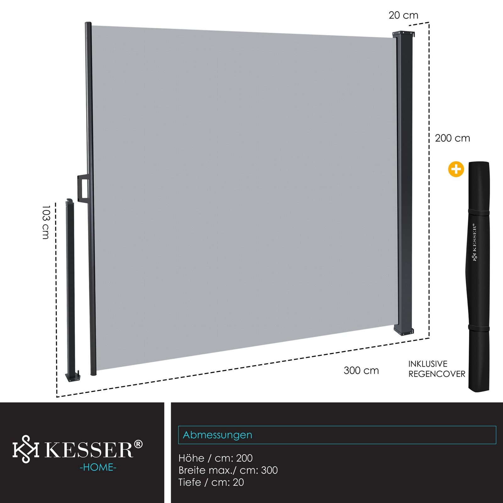 Ištraukiama šoninė markizė, 300 × 200 cm, pilka – KESSER - Image 6
